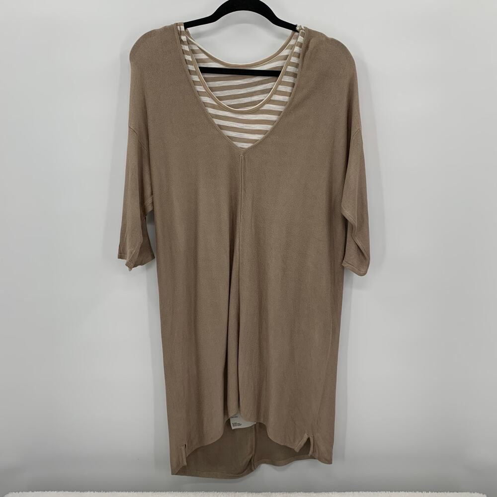 Simply Noelle Womens L/XL 2 piece Tunic Top Beige White Stripe Layered Soft